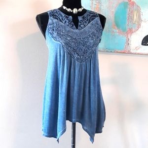 Knox Rose/ Denim Blue/ Flowy/ Asymmetrical / Lace Overlay Sleeveless Top/ Size M
